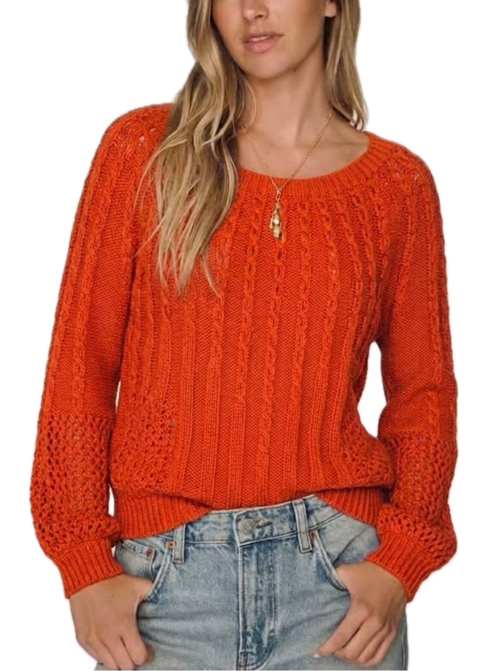 Anthropologie Guinevere Wool Alpaca Open Cable Knit Sweater Size Small Orange